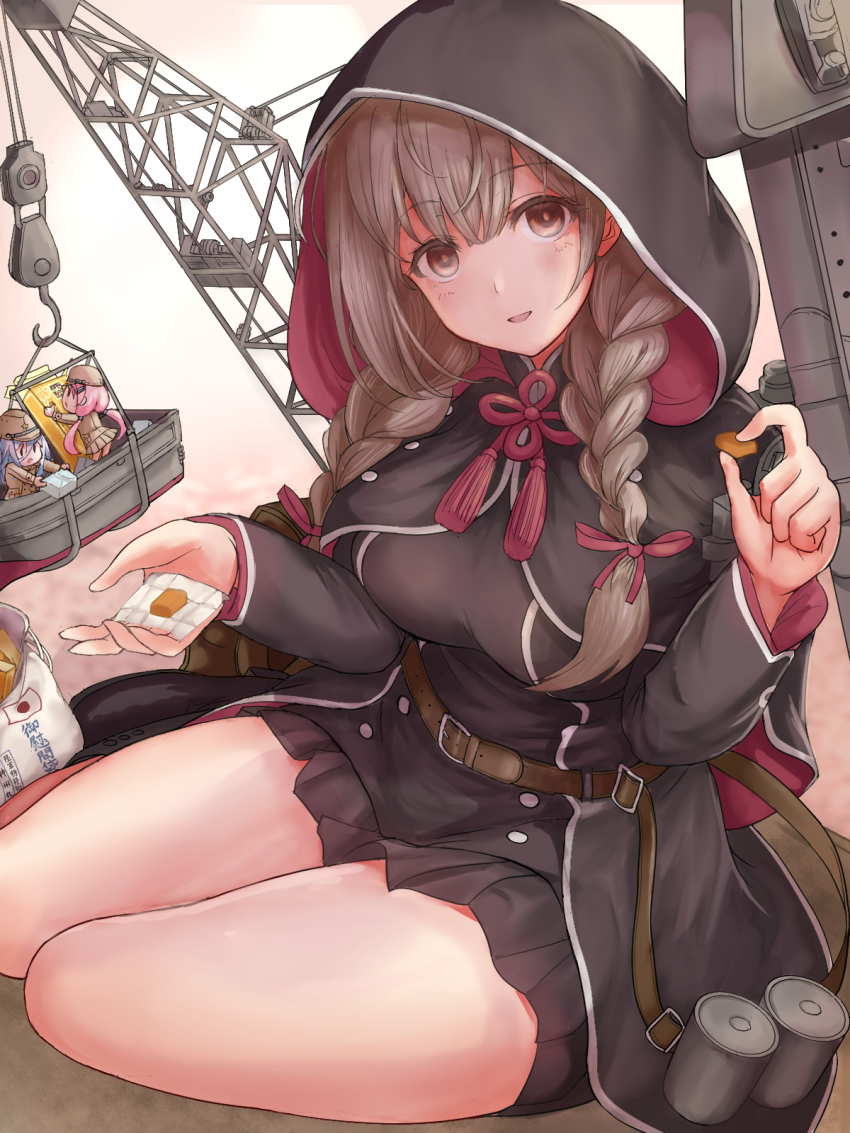 3girls belt belt_buckle black_capelet black_dress blush braid breasts brown_belt brown_eyes brown_hair buckle capelet dress em_s fairy_(kancolle) hair_between_eyes highres hood hood_up hooded_capelet kantai_collection large_breasts long_hair long_sleeves multiple_girls open_mouth red_ribbon ribbon shinshuu_maru_(kancolle) twin_braids