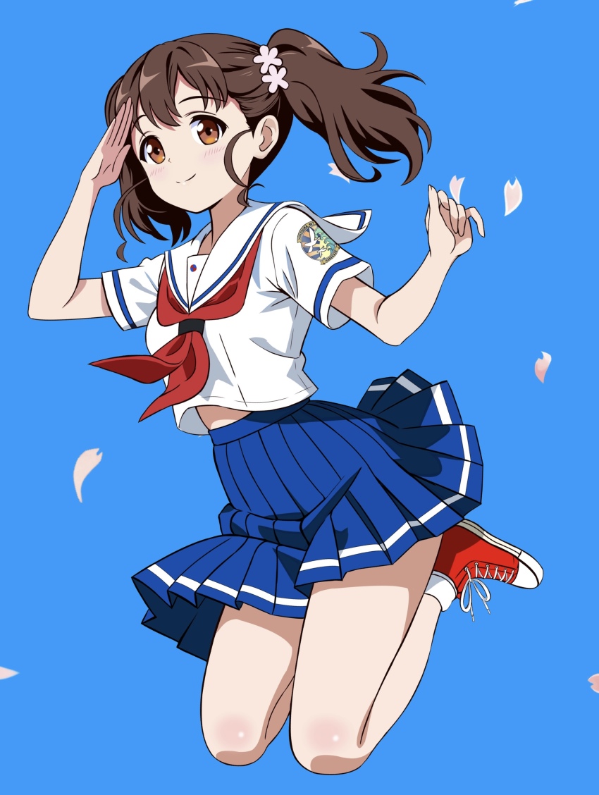 1girl absurdres blue_background blush brown_eyes brown_hair flower hair_flower hair_ornament high_school_fleet highres jumping long_hair looking_at_viewer midriff_peek neckerchief pleated_skirt red_neckerchief sailor_collar shiretoko_rin shirt shirt_overhang shoes short_sleeves skirt smile sneakers socks solo thighs twintails white_shirt white_socks zaofeng