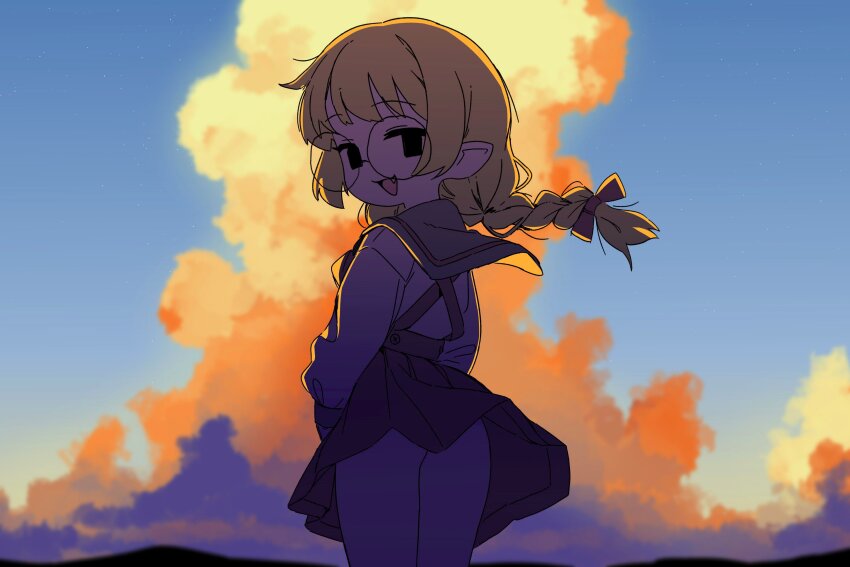 1girl absurdres ass black_eyes black_skirt blue_sky bow braid cloud cowboy_shot criss-cross_back-straps cumulonimbus_cloud fang floating_hair from_behind glasses grey_sailor_collar hair_bow highres long_hair looking_at_viewer monogatari_(series) mountainous_horizon nanahyakuichi_middle_school_uniform neckerchief no_sclera open_mouth orenjipiiru oshino_shinobu petite pleated_skirt pointy_ears red_bow red_neckerchief rimless_eyewear round_eyewear sailor_collar sailor_shirt school_uniform shade shirt sidelocks skirt skirt_flip sky solid_eyes solo thighs twilight v_arms white_shirt