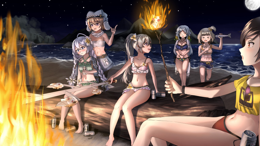 2_ru 6+girls abs absurdres alcohol aoba_chika aoba_chika_(swimsuit_costume) beach beer beer_can campfire can drink_can fish food highres hiroe_chiharu hiroe_chiharu_(swimsuit_costume) magia_record:_mahou_shoujo_madoka_magica_gaiden mahou_shoujo_madoka_magica marshmallow miura_asahi multiple_girls natsu_ryoko natsu_ryoko_(swimsuit_costume) night running sarashi star_(sky) swimsuit toki_sunao toki_sunao_(swimsuit_costume) tokime_shizuka tokime_shizuka_(swimsuit_costume)
