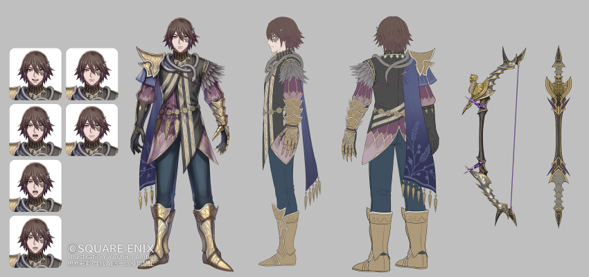 1boy anbe_yoshirou angry armor armored_boots artist_name black_gloves blue_pants boots bow_(weapon) brown_hair character_request closed_mouth commentary_request copyright_notice expressionless full_body gauntlets gloves gold_boots grey_background highres male_focus mask_over_one_eye multiple_expressions official_art open_mouth pants purple_eyes purple_shirt romancing_saga_2 saga shirt short_hair shoulder_armor single_gauntlet single_glove smile standing sword weapon worried