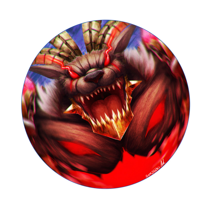 angry armor belphemon belphemon_rage_mode belphemon_x-antibody demon digimon energy glowing glowing_eyes highres horns looking_at_viewer muscular muscular_male open_mouth ponzeus red_eyes sharp_teeth teeth