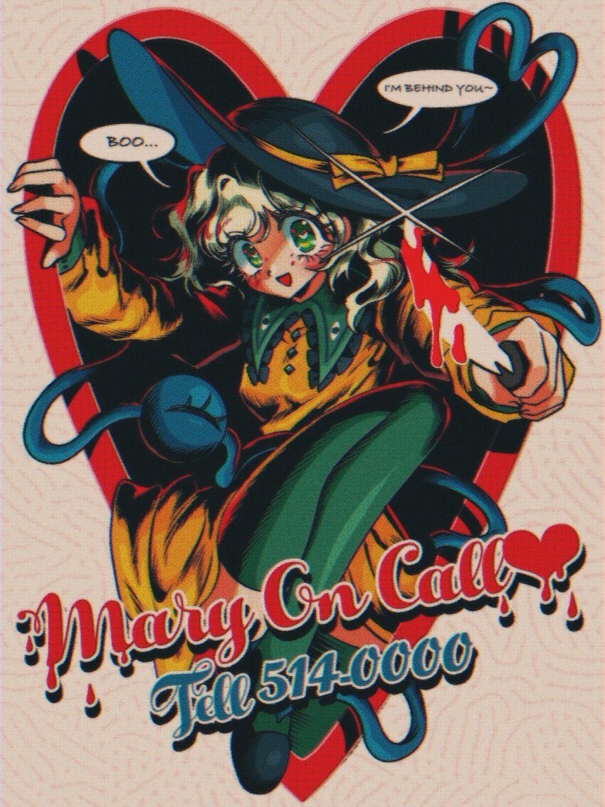 1girl black_hat blood bloody_knife buttons diamond_button dress eyeball frilled_shirt_collar frills green_eyes green_hair green_thighhighs hat hat_ribbon heart heart_of_string highres holding holding_knife knife koishi_day komeiji_koishi mememedama10 phone_number ribbon speech_bubble thighhighs third_eye touhou yellow_dress yellow_ribbon