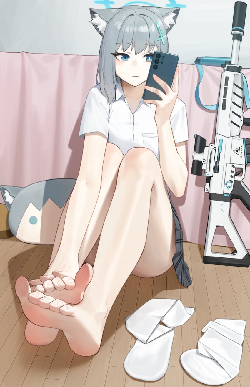 1girl animal_ears assault_rifle bare_legs barefoot blue_archive blue_eyes blue_halo cellphone closed_mouth commentary_request cross cross_hair_ornament expressionless eyelashes feet foot_focus full_body grey_hair gun hair_ornament halo hand_on_own_foot highres holding holding_phone inverted_cross jueun2817 knees_up korean_commentary legs looking_at_viewer miniskirt mismatched_pupils phone plaid_clothes plaid_skirt pleated_skirt rifle school_uniform shiroko_(blue_archive) shirt sig_sauer_556 sitting skirt smartphone socks soles solo toenails toes unworn_socks weapon white_shirt white_socks wolf_ears wooden_floor