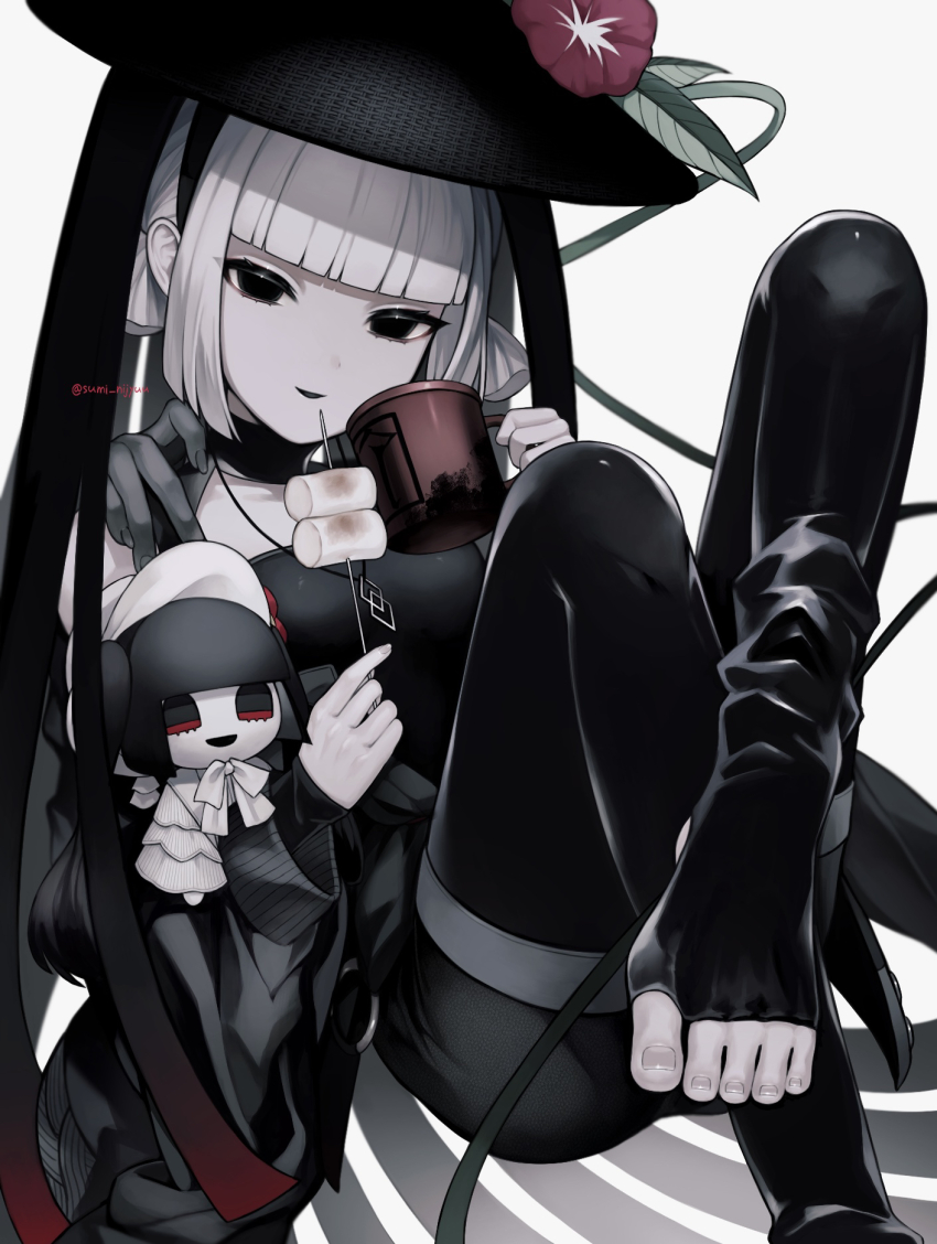 1girl bare_shoulders black_dress black_eyes blunt_bangs breasts character_doll cup dress fate/grand_order fate_(series) feet food ghost_hands grey_hair hat highres jingasa komahime_(fate) lantern long_sleeves looking_at_viewer low_twintails marshmallow sen_no_rikyu_(fate) short_hair short_twintails small_breasts smile solo sumi_(gfgf_045) twintails white_hair wide_sleeves