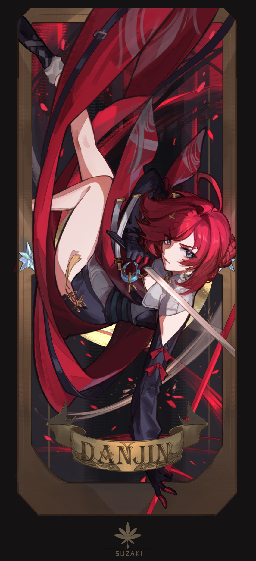 1girl absurdres artist_logo black_bodysuit black_gloves blue_eyes bodysuit card_(medium) character_name closed_mouth collar commentary danjin_(wuthering_waves) folded_braid gloves hair_intakes highres holding holding_sword holding_weapon logo looking_at_viewer red_hair red_tabard short_hair solo steve_zheng sword tabard weapon white_collar wuthering_waves