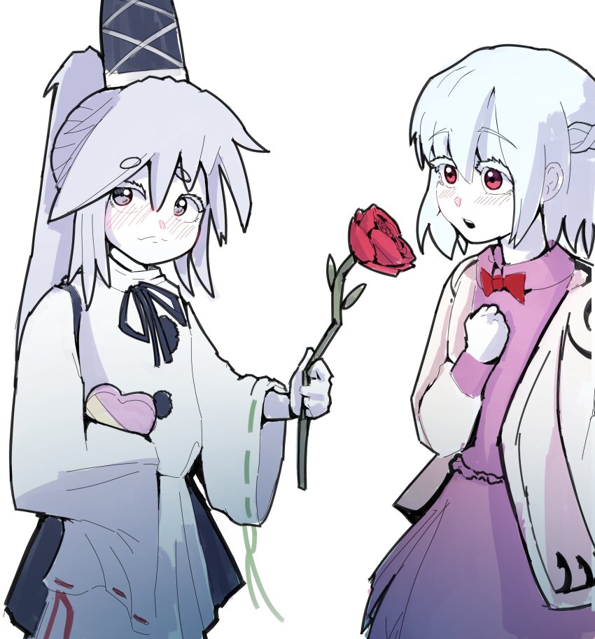 2girls 4rdilla absurdres blush bow bowtie box colored_eyelashes cowboy_shot dress flower giving_flower grey_eyes grey_hair hair_between_eyes hand_on_own_chest hat heart-shaped_box highres jacket japanese_clothes kariginu kishin_sagume long_hair long_sleeves looking_to_the_side mononobe_no_futo multiple_girls open_mouth pink_dress pom_pom_(clothes) ponytail red_bow red_bowtie red_eyes red_flower red_rose ribbon ribbon-trimmed_sleeves ribbon_trim rose short_hair tate_eboshi touhou upper_body white_background white_eyelashes white_jacket wide_sleeves