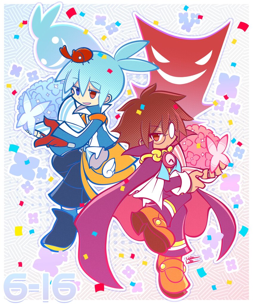 2boys :d absurdres artist_name bag beetle blue_butterfly blue_eyes blue_flower blue_hair border bouquet brown_hair bug butterfly cape clock closed_mouth commentary confetti dated english_commentary expressionless flower full_body glasses heterochromia highres holding holding_bouquet hydrangea insect insect_on_head klug_(puyopuyo) leg_up leslietheluna light_blue_hair looking_at_viewer male_focus messy_hair multiple_boys official_style opaque_glasses open_mouth outline pants partially_opaque_glasses ponytail purple_cape purple_pants purple_shirt puyopuyo puyopuyo_fever_2 red_butterfly red_eyes red_flower round_eyewear screentones shirt short_hair sig_(puyopuyo) signature sleeve_cuffs smile strange_klug white_border white_outline