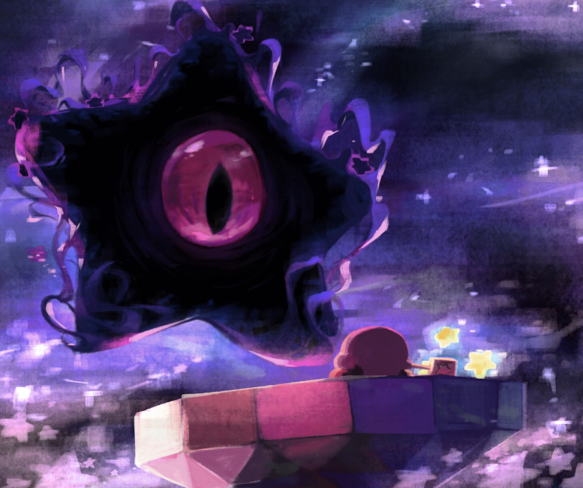 battle colored_skin commentary_request dark_nebula darkness face-to-face floating from_behind highres holding holding_wand kirby kirby_(series) kirby:_squeak_squad nintendo no_humans one-eyed pink_eyes pink_skin red_footwear shoes slit_pupils space standing star_(sky) star_(symbol) suyasuyabi triple_star wand