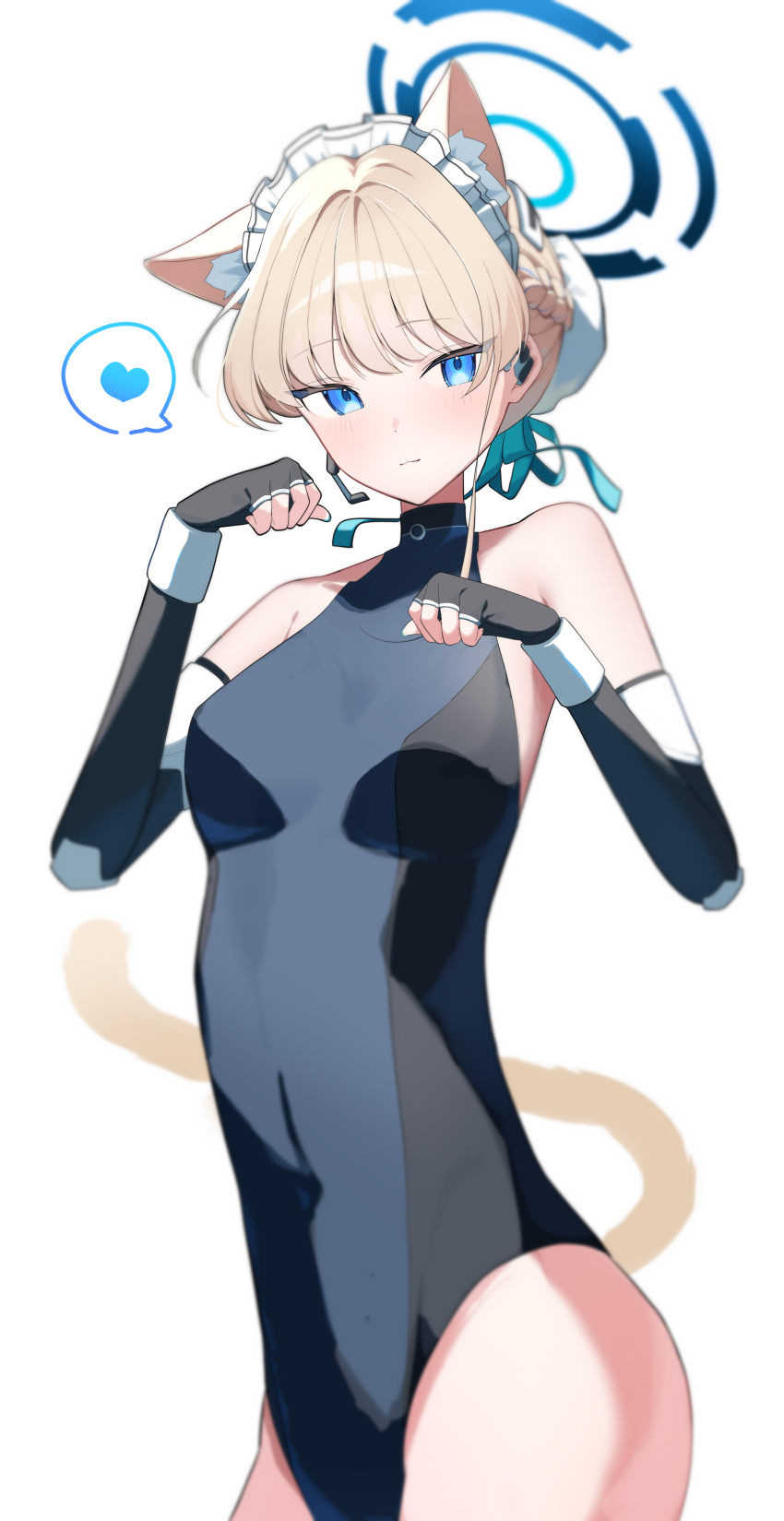1girl absurdres animal_ears aqua_ribbon black_gloves black_sleeves blonde_hair blue_archive blue_eyes blur breasts bun_cover cat_ears cat_tail commentary detached_sleeves fingerless_gloves frilled_hairband frills gloves hair_bun hair_ribbon hairband halo highres kemonomimi_mode leotard multicolored_halo ribbon small_breasts sukasusu_51te tail toki_(blue_archive)