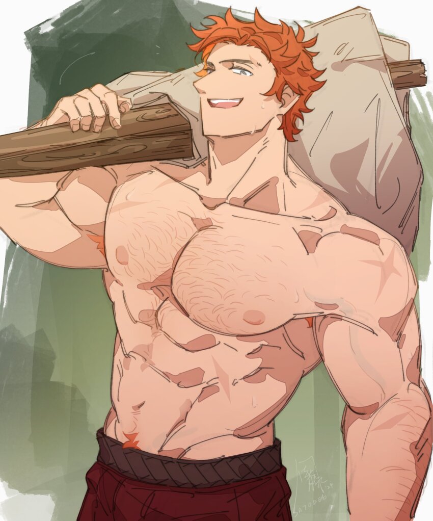 1boy abs absurdres arm_hair arm_up carrying chest_hair commentary cowboy_shot english_commentary fire_emblem fire_emblem:_three_houses groin hairy highres male_focus male_pubic_hair navel nintendo nipples open_mouth orange_hair pants pectorals pubic_hair red_pants satodee scar scar_on_chest scar_on_shoulder short_hair smile solo sweat sweatdrop sylvain_jose_gautier teeth topless_male upper_teeth_only veins veiny_arms wavy_hair yellow_eyes