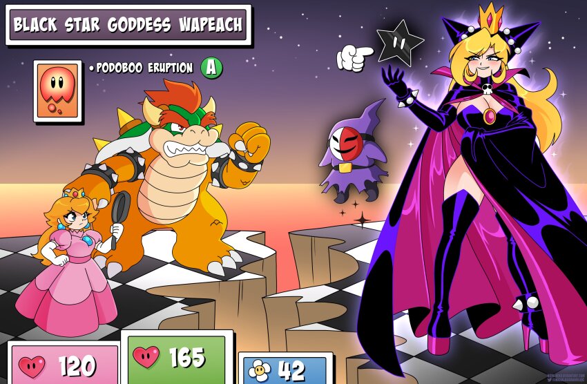 1boy 1other 2girls absurdres aged_up angry animal_ears aqua_gemstone armlet ass asymmetrical_bangs black_cape black_footwear black_gloves black_hood black_leotard blonde_hair blue_eyes boots bowser bracelet breasts brooch cape checkered_floor claws cleavage clenched_hand clenched_teeth collared_cape colored_skin crown dress earrings elbow_gloves evil_grin evil_smile fake_animal_ears fake_horns fangs fingernails floating food fruit frying_pan gem giant giantess gloves glowing green_skin grin hair_between_eyes high_collar high_heel_boots high_heels highres holding holding_frying_pan hood hood_up horns jewelry knee_boots large_breasts leotard levitation long_eyelashes long_hair mario_(series) mario_power_tennis mario_tennis mini_crown multiple_girls nico-neko nintendo orange_scales orange_skin peach phanto pink_cape pink_dress pink_gemstone platform_boots platform_footwear power-up princess_peach puffy_short_sleeves puffy_sleeves purple_cape purple_footwear purple_gloves purple_hood purple_leotard red_eyes red_hair scales serious sharp_fingernails sharp_teeth sharp_toenails short_sleeves shy_guy skull_brooch sky smile smug sparkle sphere_earrings spiked_armlet spiked_belt spiked_bracelet spiked_shell spikes star_(sky) starry_sky super_mario_bros._2 super_mario_rpg super_star_(mario) teeth thick_eyebrows toenails turn_pale turtle_shell two-tone_cape warupeach white_gloves