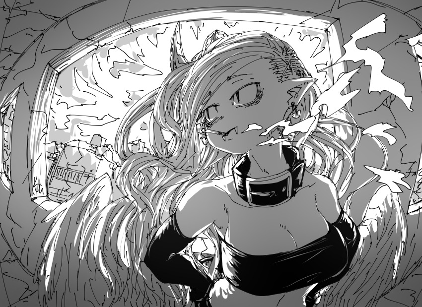 1girl absurdres breasts building cigarette cleavage crack cracked_ceiling cracked_wall demon_girl demon_horns destroyed fangs feathered_wings greyscale highres horns kewpie_(mazohaha) long_hair looking_away looking_back medium_breasts monochrome musuko_ga_kawaikute_shikatanai_mazoku_no_hahaoya ruins single_horn sketch smoke smoking wings zyugoya