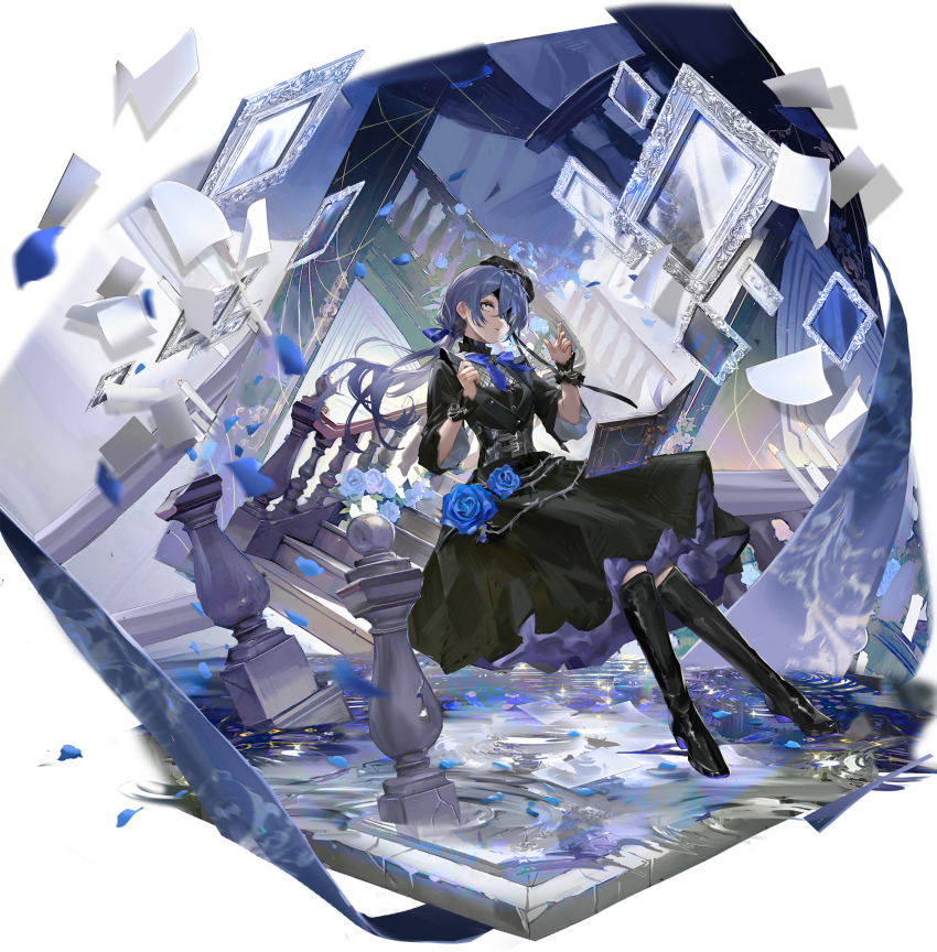 1girl alternate_costume banister black_boots black_corset black_dress blue_flower blue_hair blue_petals blue_ribbon blue_rose book boots candle chinese_commentary commentary_request corset dress eyepatch falling_petals fishnet_fabric floating floating_object flower frilled_cuffs full_body hair_over_one_eye hecate_(path_to_nowhere) highres huming0929 knee_boots layered_skirt long_hair looking_at_viewer low_ponytail neck_ribbon one_eye_covered open_book paper path_to_nowhere petals picture_frame pillar ponytail purple_flower purple_rose ribbon ripples rose skirt solo stairs tachi-e thorns white_eyes wrist_cuffs