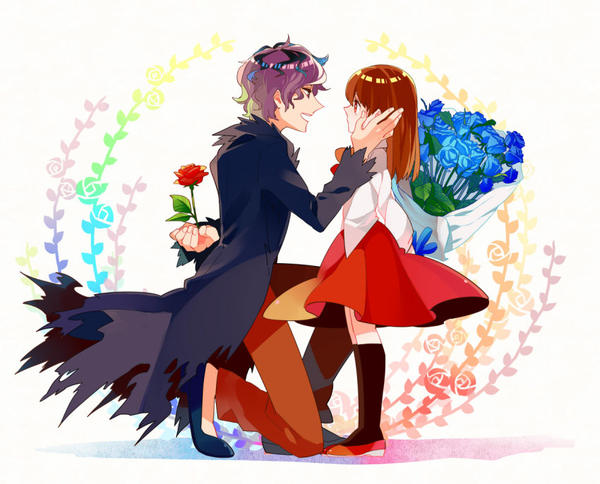 1boy 1girl blue_flower blue_rose brown_hair flower garry_(ib) gum_(gmng) gumidemo_kandero ib_(game) ib_(ib) ib_(kouri) purple_eyes purple_hair red_eyes rose
