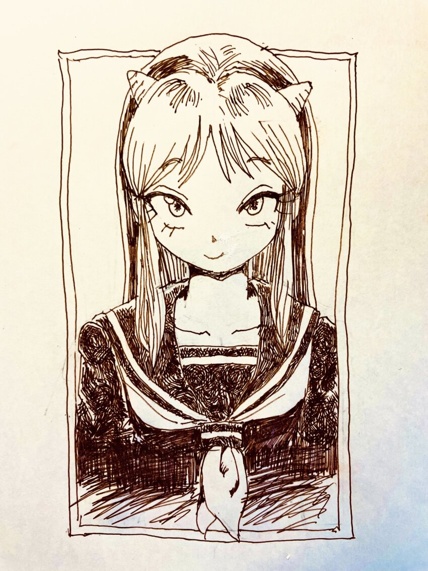 1girl aeromisumi border collarbone commentary cone_horns highres horns light_smile long_hair looking_at_viewer lum monochrome neckerchief outside_border sailor_collar sidelocks solo traditional_media urusei_yatsura