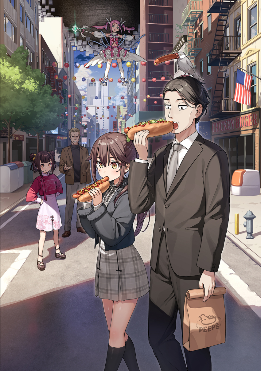 2boys 2girls bag bird black_hair black_pants black_shirt black_shoes black_socks black_suit blonde_hair blush bread breasts brown_eyes brown_hair brown_jacket brown_shoes building china_dress chinese_clothes closed_mouth cloud collared_shirt colonel_mason_(sasaki_to_p-chan) cowboy_shot detached_sleeves double_bun dress dress_shoes eating flag flats food formal_clothes full_body green_eyes grey_jacket grey_necktie grey_pants grey_ribbon hair_between_eyes hair_bun hair_ornament hair_ribbon hair_slicked_back hand_up hands_on_own_hips highres holding holding_bag holding_food holding_rod hot_dog inrin_(sasaki_to_p-chan) jacket java_sparrow kantoku ketchup long_hair long_sleeves looking_at_viewer magical_girl magical_pink_(sasaki_to_p-chan) medium_hair multiple_boys multiple_girls mustard necktie open_hand open_mouth otonari-san_(sasaki_to_p-chan) outdoors p-chan_(sasaki_to_p-chan) pants paper_bag parted_bangs pink_dress pink_hair plaid_clothes plaid_dress ponytail rabbit_hair_ornament ribbon rod sasaki_(sasaki_to_p-chan) sasaki_to_p-chan sausage shirt shoes short_hair sidelocks skirt sky small_breasts smile socks standing suit suit_jacket teeth thighhighs town trash_can twintails two-handed white_thighhighs yellow_eyes yellow_ribbon