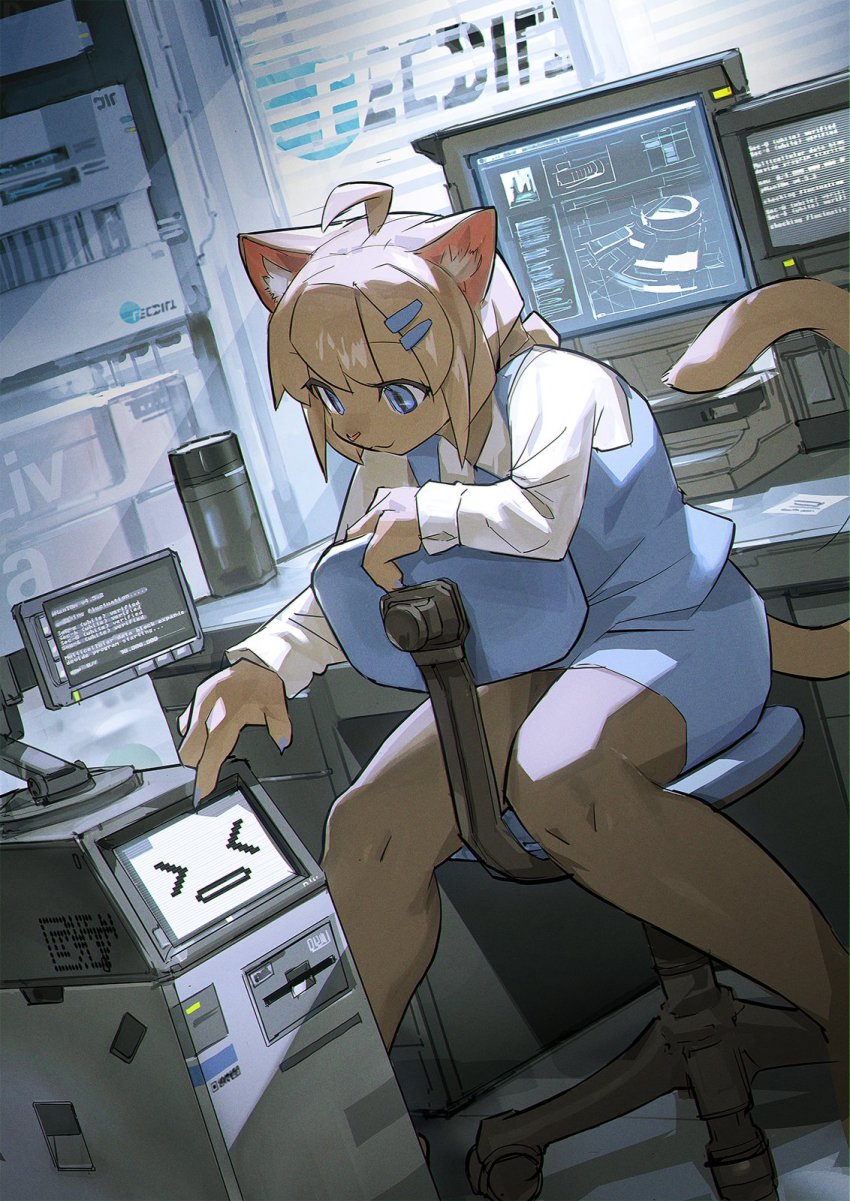 &gt;_&lt; 1girl :3 ahoge animal_ear_fluff animal_ears animal_hands animal_nose backlighting black_pantyhose blue_eyes blue_skirt blue_vest body_fur brown_fur brown_hair cat_ears cat_girl cat_tail chair claws closed_mouth computer day denchou desk dutch_angle english_text female_focus furry furry_female hair_ornament hairclip hand_up happy highres indoors light_rays long_sleeves looking_down miniskirt monitor office_chair office_lady on_chair original pantyhose pencil_skirt poking shirt short_hair sidelocks sitting skirt slit_pupils smile solo swivel_chair tail terminal thermos vest white_shirt window window_blinds