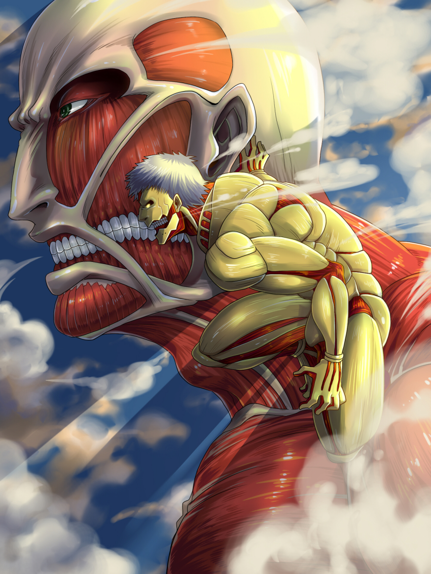 2boys armored_titan bald blonde_hair burning cloud colossal_titan giant giant_monster glowing glowing_eyes green_eyes highres house kaiju monster multiple_boys muscular no_pupils nude profile shingeki_no_kyojin short_hair silver_hair size_difference smoke steam tanotsuku_daisuke teeth titan_(shingeki_no_kyojin) yellow_eyes