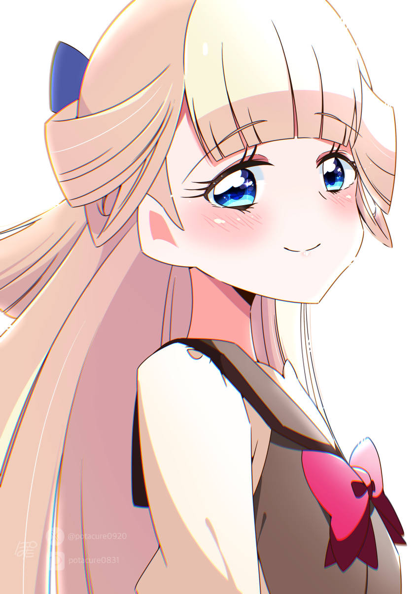 1girl absurdres blonde_hair blue_eyes blue_ribbon blush bow bowtie brown_cardigan brown_shirt cardigan closed_mouth hair_ribbon highres long_hair nekoyashiki_yuki pixiv_username pota_(potacure1011) precure red_bow red_bowtie ribbon school_swimsuit second_wangan_school_uniform shirt signature smile solo swimsuit twitter_username upper_body wonderful_precure!