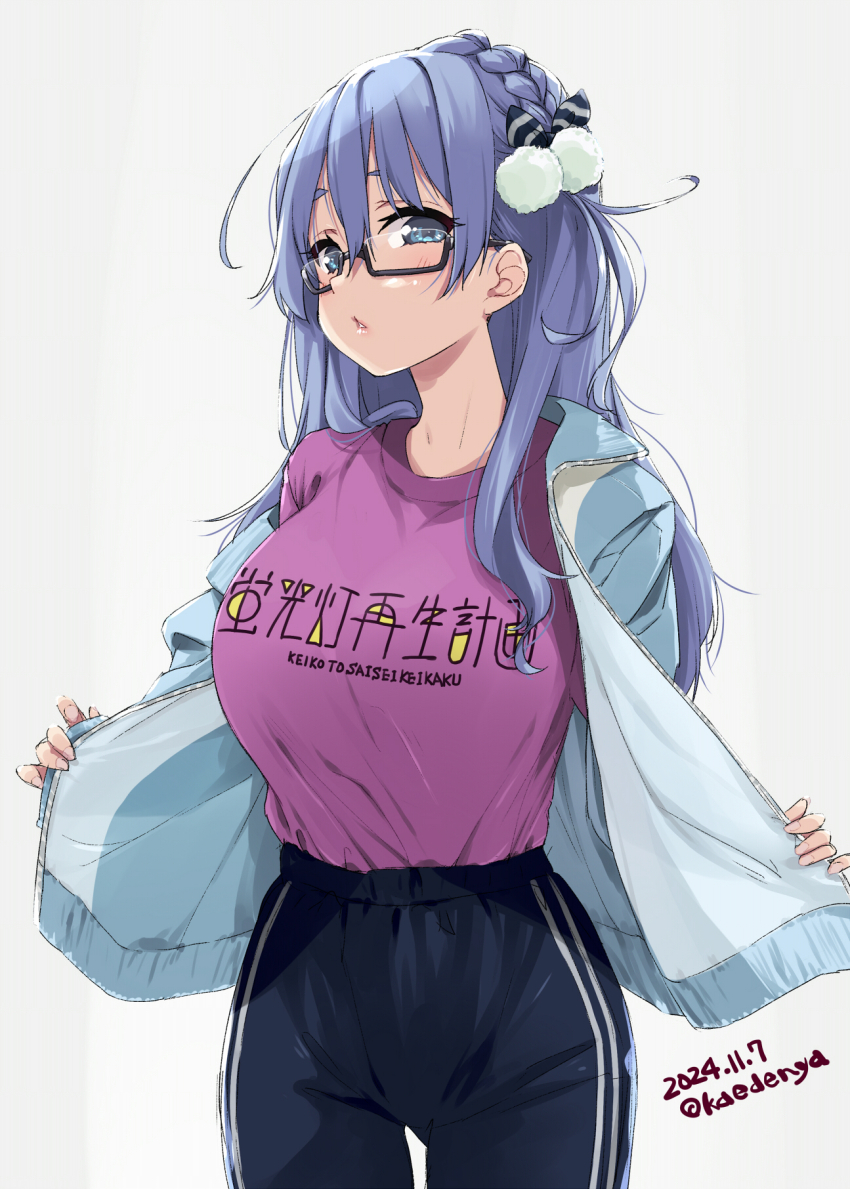 1girl 22/7 artist_name black-framed_eyewear black_pants blue_eyes blue_hair bow braid cowboy_shot dated diagonal-striped_bow hair_bow hair_ornament highres jacket kisairo_kaede light_blue_hair long_hair looking_at_viewer maruyama_akane open_clothes open_jacket opened_by_self pants pom_pom_(clothes) pom_pom_hair_ornament print_shirt purple_shirt rectangular_eyewear semi-rimless_eyewear shirt simple_background single_braid solo standing track_jacket track_pants under-rim_eyewear white_background