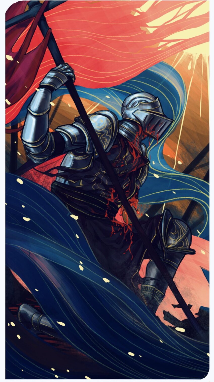 1other armor bleeding blood blood_on_armor border check_copyright commentary copyright_request english_commentary flag from_side full_armor full_body highres holding holding_flag knight light_particles on_one_knee orange_background original solo tworain_w white_border