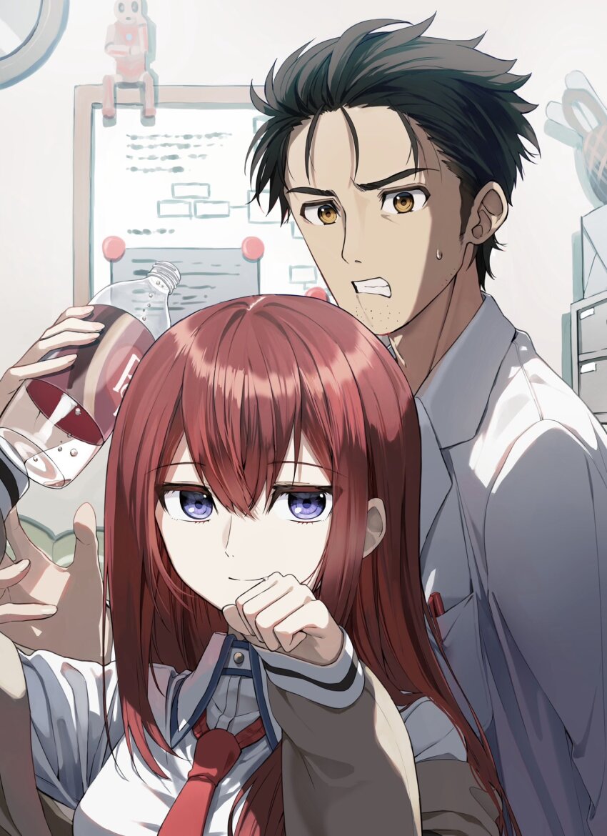 1boy 1girl black_hair bottle brown_eyes brown_hair brown_jacket clenched_teeth closed_mouth collared_shirt commentary_request dr_pepper dress_shirt facial_hair hair_between_eyes highres holding holding_bottle indoors jacket lab_coat long_sleeves makise_kurisu necktie off_shoulder okabe_rintarou open_clothes open_jacket pentagon_(railgun_ky1206) puffy_long_sleeves puffy_sleeves purple_eyes red_necktie shirt smile steins;gate stubble teeth upper_body white_shirt