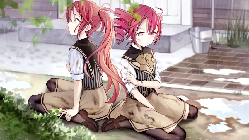 2girls absurdres back-to-back bow bowtie brick_floor bucket buttons collared_shirt commentary_request crossover cul dirty dirty_clothes door double-breasted drill_hair grass hand_on_own_shoulder highres kari_kenji kasane_teto leaf long_hair mary_janes multiple_girls ponytail puddle rain red_eyes red_hair shirt shoes short_hair short_sleeves sitting skirt striped_clothes striped_vest thighhighs twin_drills utau vest vocaloid wariza