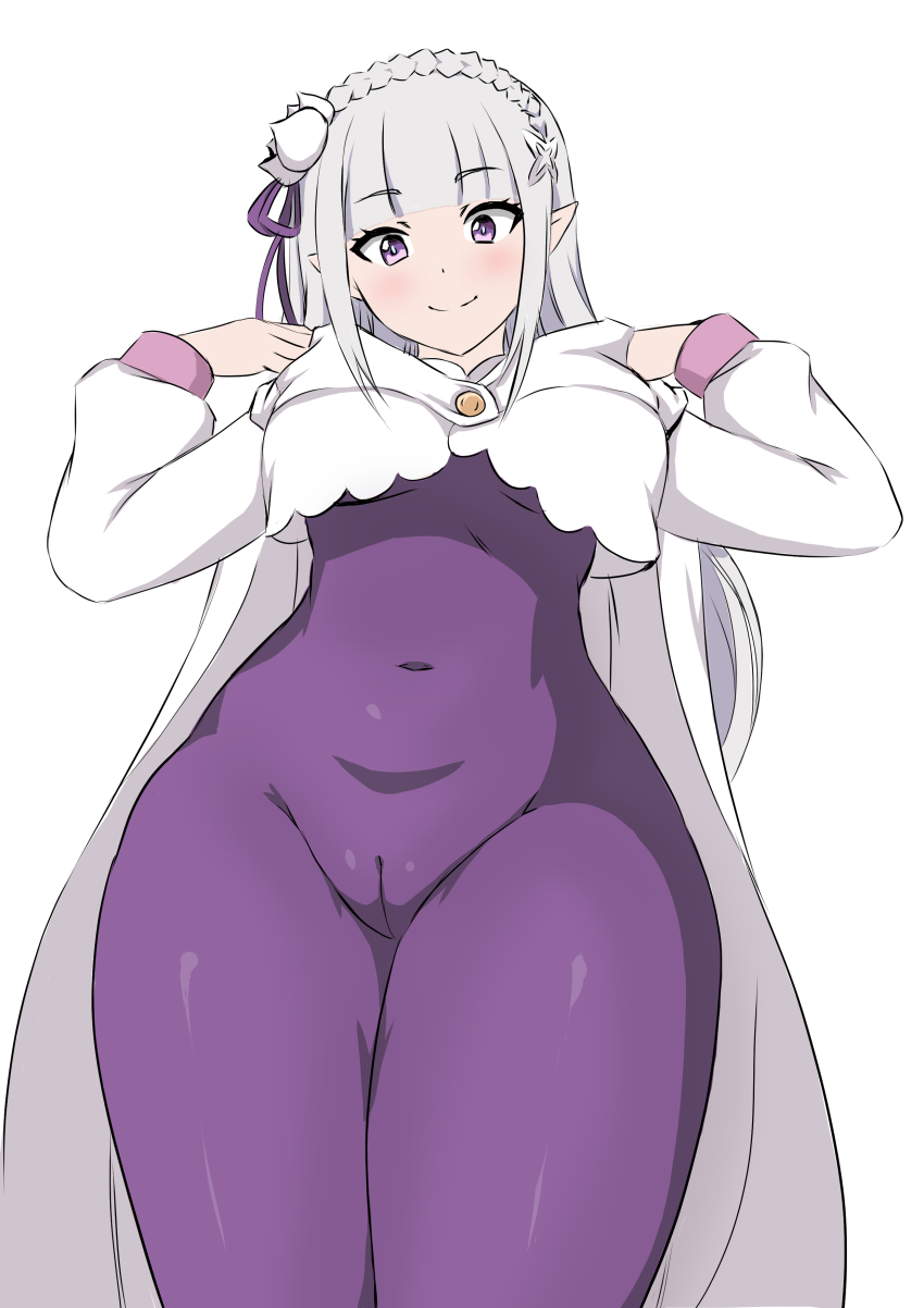1girl absurdres blush bodysuit box_wonderland braid breasts cameltoe cape commentary covered_navel cowboy_shot crown_braid elf emilia_(re:zero) english_commentary flower hair_flower hair_ornament highres large_breasts long_hair looking_at_viewer pointy_ears purple_eyes purple_ribbon re:zero_kara_hajimeru_isekai_seikatsu ribbon simple_background skin_tight smile solo white_background white_cape white_flower white_hair x_hair_ornament