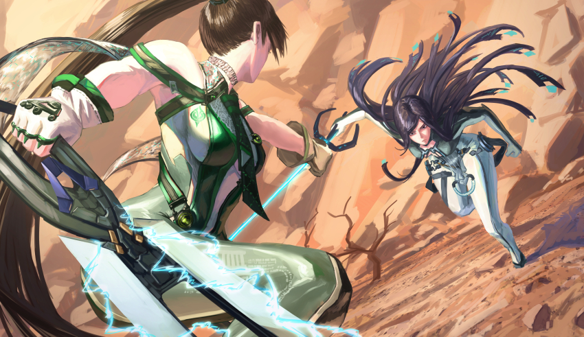 2girls absurdres bare_shoulders battle black_hair bodysuit breasts brown_hair commentary duel eve_(stellar_blade) fingerless_gloves gloves green_bodysuit highres holding holding_sword holding_weapon long_hair medium_breasts multicolored_bodysuit multiple_girls outdoors planet_diving_suit_(7th)_(stellar_blade) ponaponyo ponytail raven_(stellar_blade) raven_suit_(stellar_blade) silver_bodysuit skin_tight stellar_blade sword very_long_hair wasteland weapon white_gloves
