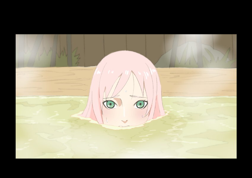 1girl black_border border commentary ebata_kyouhei fence green_eyes haruno_sakura highres naruto:_road_to_ninja naruto_(series) naruto_shippuuden onsen partially_submerged pink_hair solo steam wet