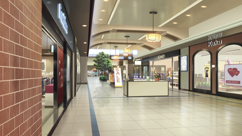 ceiling_light display english_text highres indoors kiosk lamp mall mannequin no_humans non-web_source official_art open_clothes our_life:_beginnings_and_always poster_(object) reflective_floor scenery sign tile_floor tiles variant_set