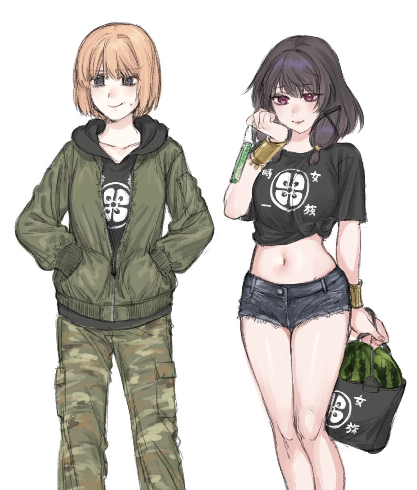 2girls alternate_costume bag black_hair black_shirt camouflage camouflage_pants commentary_request contemporary denim denim_shorts ebony_(madoka_magica) feet_out_of_frame food fruit green_jacket hands_in_pockets highres holding holding_bag hood hooded_jacket jacket looking_at_viewer magia_record:_mahou_shoujo_madoka_magica_gaiden mahou_shoujo_madoka_magica micro_shorts miura_asahi multiple_girls navel pants print_shirt shirt short_hair shorts simple_background smile standing t-shirt tied_shirt translation_request watermelon white_background yukishiro_(hitsuji)