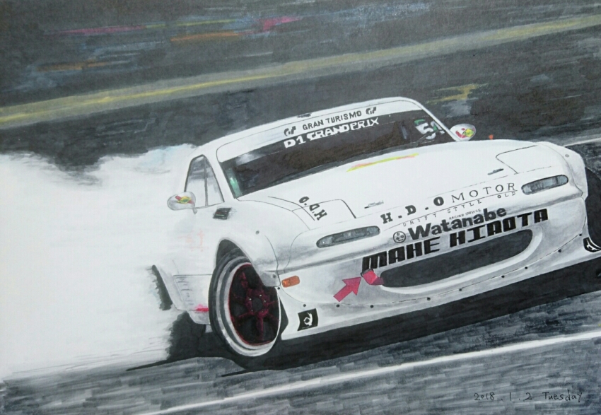 arrow_(symbol) boku-kun car d1_grand_prix drifting eunos_roadster gran_turismo marker_(medium) mazda mazda_mx-5 mazda_mx-5_na motor_vehicle no_humans race_vehicle racecar shadow smoke sponsor sports_car traditional_media vehicle_focus white_car