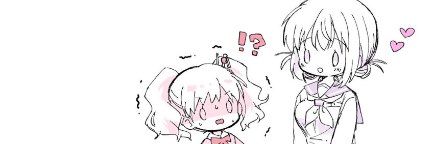 !? 2girls :d alice_cartelet bad_link bow breasts creator_connection flat_chest furrowed_brow hair_ornament hara_yui heart height_difference kin-iro_mosaic light_blush limited_palette lone_nape_hair looking_at_another majo_wa_mangetsu_ni_saku medium_breasts minato_shima multiple_girls official_art open_mouth pink_bow school_uniform serafuku shaded_face short_hair size_difference smile spoken_heart sweat nervous_sweating trembling twitter_banner upper_body wavy_mouth