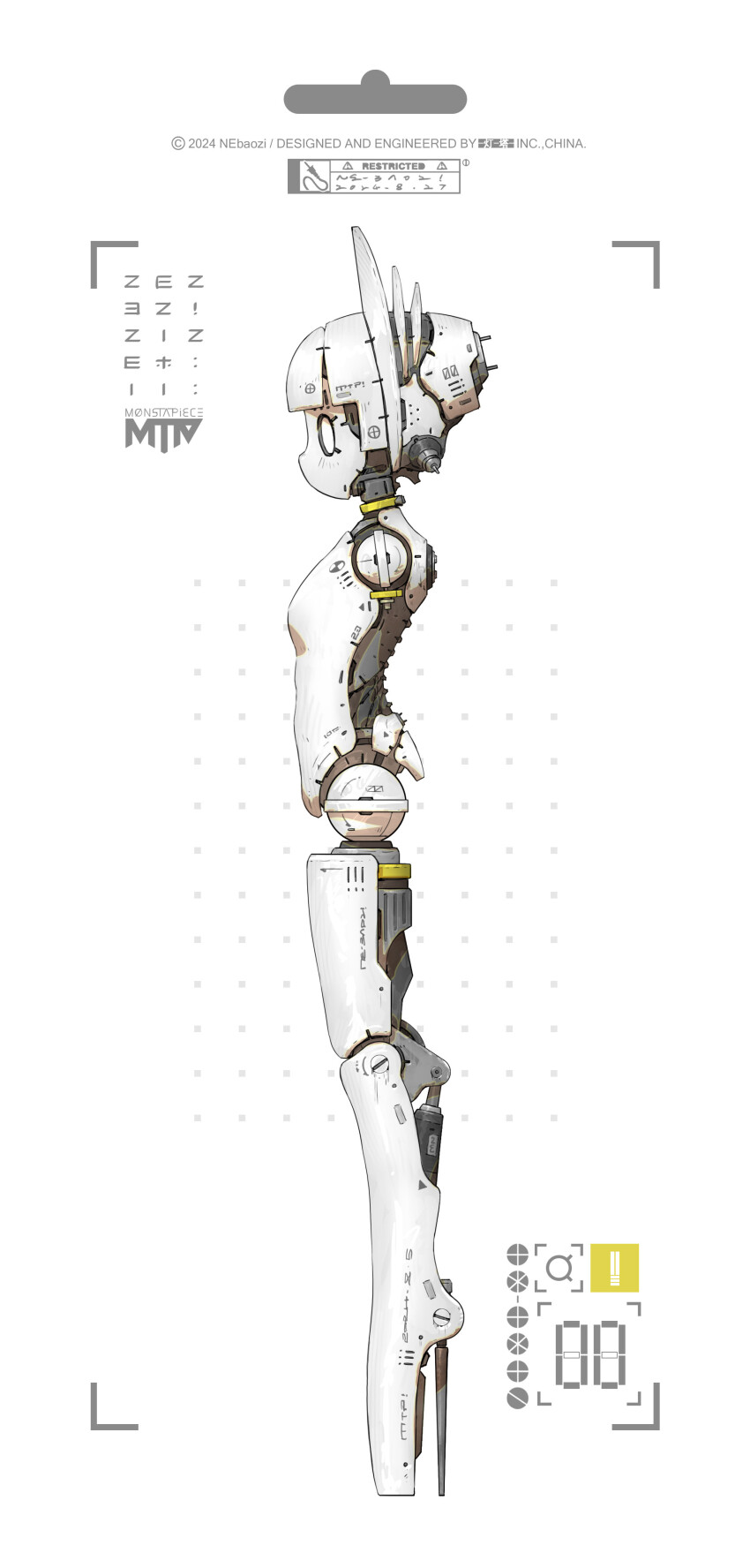 0_0 1girl absurdres amputee android armless_amputee artist_name blunt_bangs colored_skin dated from_side full_body high_heels highres joints mechanical_hair ne_baozi no_mouth original profile simple_background solo standing white_background white_hair white_skin