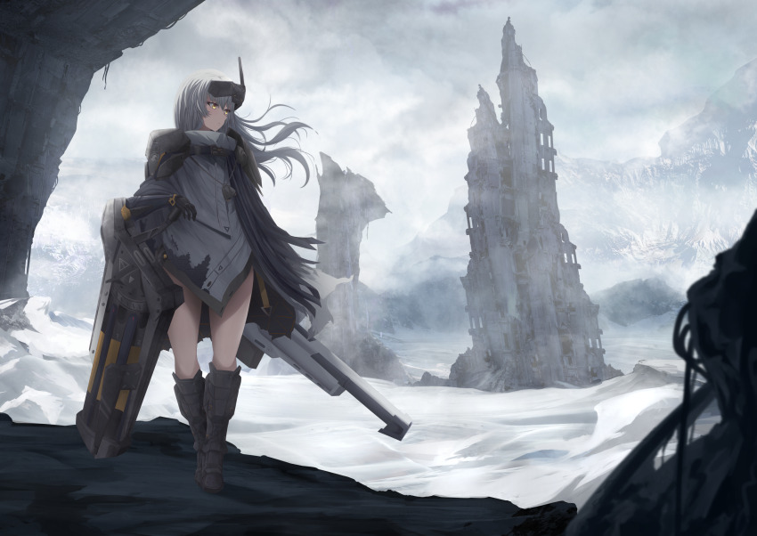 1girl abandoned armored_bodysuit boots building cloak cloud commentary_request dilapidated goddess_of_victory:_nikke head-mounted_display highres horns huge_weapon jacket landscape leather leather_jacket long_hair mechanical_arms mechanical_horns mixed-language_commentary mountain mountainous_horizon nature outdoors post-apocalypse ruins rust scenery single_mechanical_arm skyscraper snow_white_(nikke) solo syn_(synstyle) visor_(armor) visor_lift weapon white_cloak white_hair wreckage
