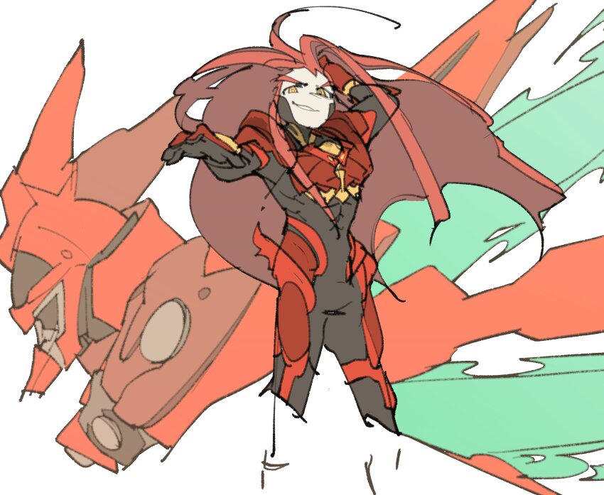 1boy armor armored_bodysuit covered_abs highres id_(xenogears) long_hair looking_at_viewer male_focus mecha mecha_pilot_suit red_hair robot smile solo temmie_chang weltall-id wings xenogears yellow_eyes