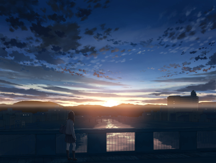 1girl anyotete bag black_hair black_socks blue_skirt bridge brown_footwear brown_sweater building city cityscape cloud commentary_request day from_side kneehighs lens_flare long_hair long_sleeves mountainous_horizon original outdoors pleated_skirt railing river scenery school_bag school_uniform shoulder_bag skirt sky socks solo sunset sweater