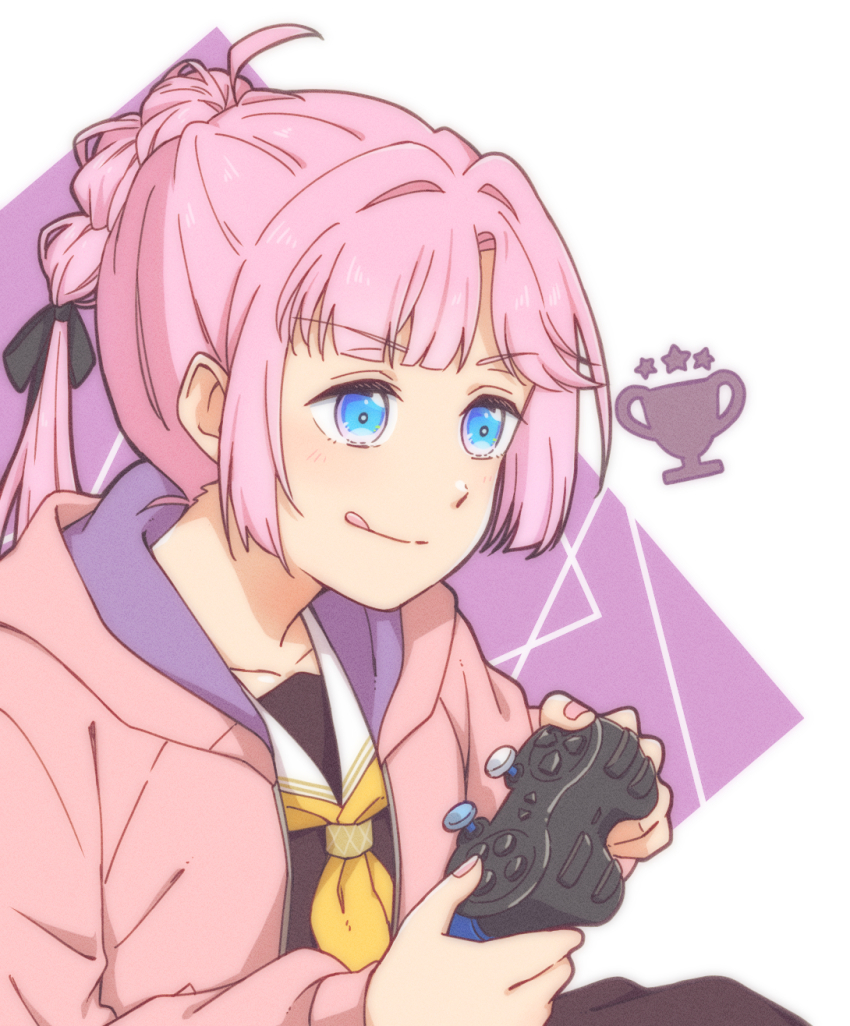 1girl :q ahoge anyoji_hime black_ribbon blue_eyes blunt_bangs brown_dress collarbone commentary_request controller donpa dress dualshock game_controller gamepad hair_ribbon hasu_no_sora_school_uniform highres holding holding_controller holding_game_controller hood hooded_jacket jacket link!_like!_love_live! long_hair long_sleeves love_live! multi-tied_hair neckerchief open_clothes open_jacket pink_hair pink_jacket playing_games playstation_controller ponytail purple_background ribbon sailor_collar sailor_dress school_uniform sidelocks solo swept_bangs tongue tongue_out two-tone_background upper_body v-shaped_eyebrows virtual_youtuber white_background white_sailor_collar winter_uniform yellow_neckerchief