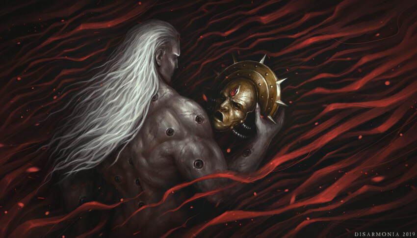 1boy 2019 armor artist_name blood_angels dante_(warhammer_40k) dated death_mask forehead_jewel gem gold_headwear helm helmet holding holding_helmet long_hair nude ornate red_gemstone solo spiked_helmet tube veronica_anrathi warhammer_40k white_hair