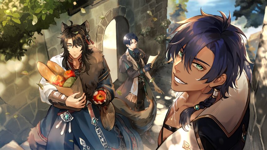 3boys :t ahoge animal_ears apple aqua_eyes arm_out_of_sleeve bag baguette black_coat black_hair black_necktie black_pants black_vest blue_gloves blue_hair braid bread brooch bush charm_(object) coat collar_chain_(jewelry) collarbone cowboy_shot curtained_hair dappled_sunlight dark-skinned_male dark_blue_hair dark_skin day delos_(noctilucent) eating food fruit fur-trimmed_coat fur_trim gate gloves green_coat green_shirt grin grocery_bag hair_between_eyes hair_ornament hair_tubes hand_on_own_chin highres holding holding_bag holding_food holding_fruit holding_paper jewelry lapels leaf leaf_on_head long_hair looking_at_viewer looking_to_the_side male_focus medium_hair monocle mukopino multiple_boys necktie noctilucent:_before_dawn notched_lapels ocean open_clothes open_coat outdoors owyn_(noctilucent) pants paper paper_bag parted_bangs pectoral_cleavage pectorals purple_eyes shirt shopping_bag short_hair side_braid sideways_glance single_hair_tube smile stairs standing stole sunlight tail tassel tassel_hair_ornament thigh_strap upper_body vest white_shirt wolf_boy wolf_ears wolf_tail xiel_(noctilucent)