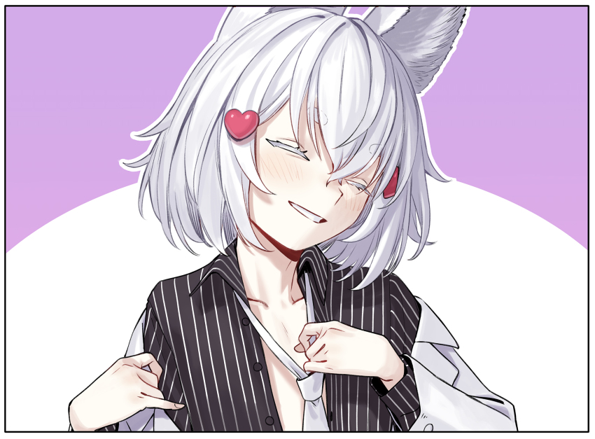 1girl agemmata animal_ear_fluff animal_ears closed_eyes flat_chest fox_ears fox_girl hair_between_eyes hair_ornament heart heart_hair_ornament highres long_sleeves necktie open_mouth phase_connect tenma_maemi undressing virtual_youtuber white_hair white_necktie