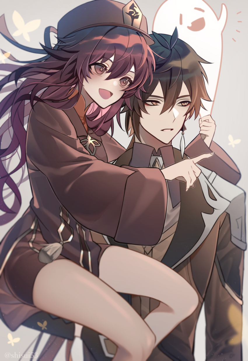 1boy 1girl :d bead_bracelet beads black_gloves black_hair boo_tao_(genshin_impact) bracelet braid brown_hair bug butterfly carrying coat commentary_request earrings flower flower-shaped_pupils genshin_impact gloves gradient_hair hair_between_eyes hat hat_flower highres hitodama hu_tao_(genshin_impact) insect jewelry long_hair long_sleeves multicolored_hair multiple_rings notice_lines open_mouth porkpie_hat red_eyes red_flower red_hair ring shisui53 short_shorts shorts single_earring smile socks symbol-shaped_pupils tassel tassel_earrings thighs twin_braids very_long_hair white_socks zhongli_(genshin_impact)