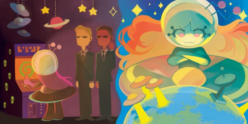 1girl 2boys alien antennae arcade_cabinet camellia_(musician) commentary crossed_arms dark-skinned_male dark_skin earth_(planet) english_commentary eyelashes fbi formal_clothes helmet long_hair men_in_black multiple_boys official_art pink_hair planet playing_games skirt space_helmet star_(symbol) suit temmie_chang u.u.f.o ufo