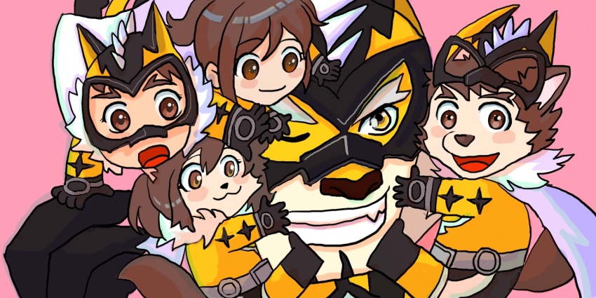 2girls 3boys brown_eyes brown_hair cape cat_girl dog_boy female_protagonist_(live_a_hero) gloves highres live_a_hero male_protagonist_(live_a_hero) mask multiple_boys multiple_girls ryekie_(live_a_hero) size_difference smile snapper_(鯛奴) tiger yellow_eyes yellow_fur