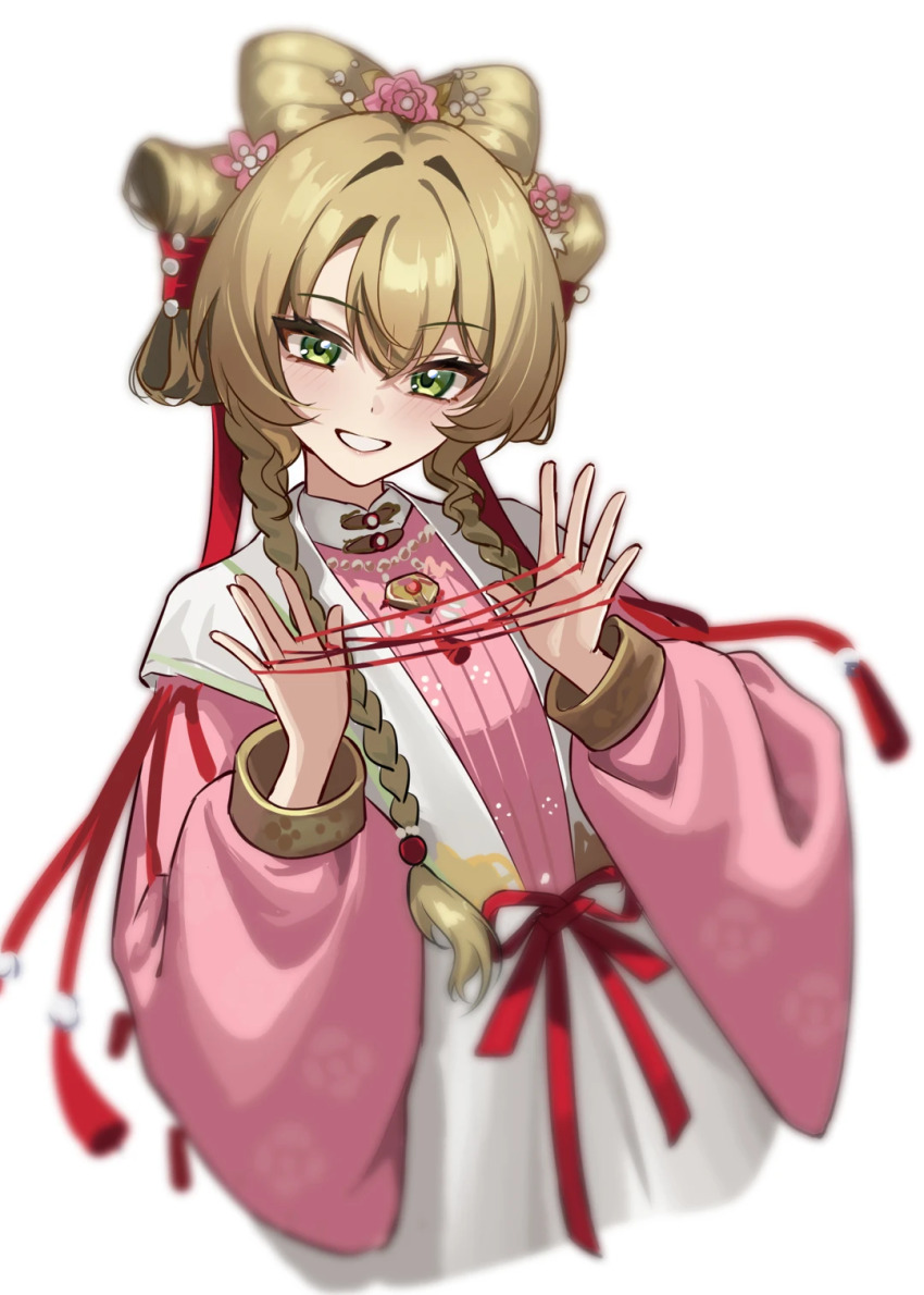 1girl amamiyayk blonde_hair blurry braid cat&#039;s_cradle chinese_clothes cropped_torso depth_of_field flower green_eyes grin hair_flower hair_ornament hair_ribbon hands_up hanfu highres holding holding_string long_hair long_sleeves looking_at_viewer low_twin_braids official_alternate_costume pink_flower pink_hanfu puffy_long_sleeves puffy_sleeves red_ribbon reverse:1999 ribbon shuangyaji smile solo sotheby sotheby_(the_red_thread_of_fate) string teeth twin_braids upper_body white_background