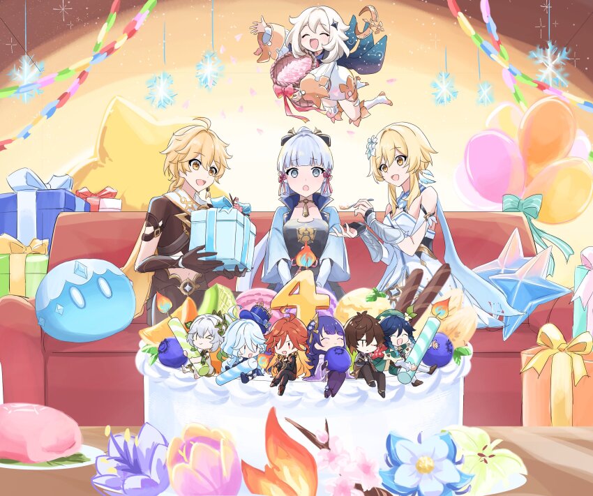 3boys 6+girls :d :o @_@ absurdres aether_(genshin_impact) ahoge anniversary arched_bangs ayaka_(genshin_impact) balloon basket birthday black_hair blonde_hair blue_bow blue_flower blueberry bow box brown_hair brown_sleeves cake candle check_flower cherry_blossoms chibi choker closed_eyes couch creature_request crop_top cryo_slime_(genshin_impact) detached_sleeves double-parted_bangs dress floating flower flower_request food fruit full_body furina_(genshin_impact) genshin_impact gift gift_box hair_between_eyes hair_flower hair_ornament hand_up highres holding holding_basket holding_box holding_gift holding_spoon long_hair long_sleeves looking_at_viewer lumine_(genshin_impact) mavuika_(genshin_impact) medium_hair midriff multiple_boys multiple_girls nahida_(genshin_impact) navel number_candle open_mouth orange_(fruit) orange_slice paimon_(genshin_impact) pink_flower primogem purple_flower purple_hair raiden_shogun red_bow red_hair ryokukablog short_hair short_hair_with_long_locks short_sleeves sitting slime_(genshin_impact) smile snowflakes spoon venti_(genshin_impact) white_dress white_flower white_hair white_sleeves yellow_bow yellow_choker yellow_eyes zhongli_(genshin_impact) |_|