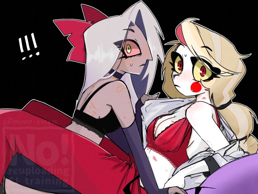 ! !! 2girls bite_mark bite_mark_on_arm bite_mark_on_shoulder black_background black_bra blonde_hair bow bra breasts caught charlie_morningstar circle_facial_mark cleavage colored_inner_hair colored_sclera colored_skin couple demon_girl elbow_gloves gloves grey_hair grey_skin hair_bow hazbin_hotel hickey highres interrupted mono_rnrn multi-tied_hair multicolored_hair multiple_girls off_shoulder pants pink_sclera red_bow red_bra red_eyes red_pants scratches skirt suspenders_hanging sweatdrop underwear undressing_another vaggie white_skin yellow_eyes yellow_sclera yuri