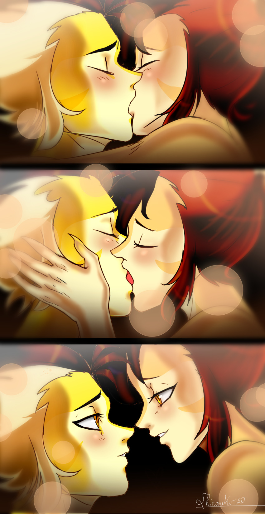 1boy 1girl 3koma absurdres after_kiss bracelet breasts brother_and_sister bubble_background cat_tail comic couple facial_mark french_kiss hetero highres incest jewelry kiss multicolored_hair shironek0 siblings signature sister tail thundercats two-tone_hair wilykat wilykit